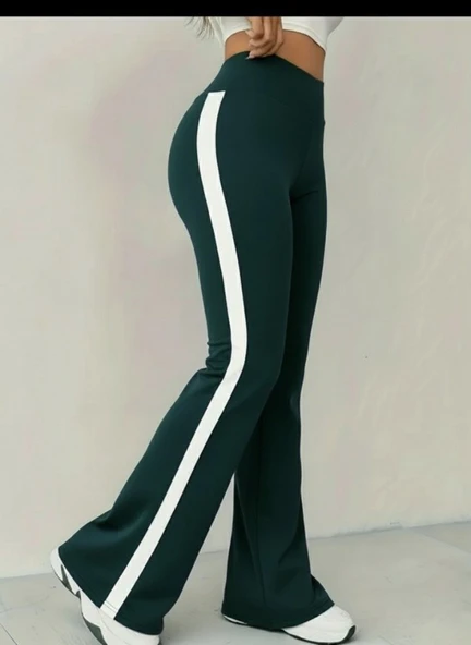 Kadın Yüksek Bel İspanyol Paçalı Yanlardan şerit Detaylı Dalgıç Tayt Pantolon - Resim 2