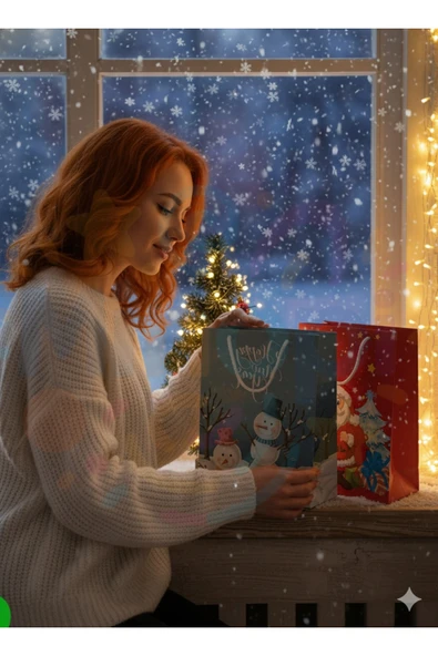 Noel Baba ve Kardan Adam Desenli Hediye Çantası Seti – 10'lu Kırmızı & Mavi Yılbaşı Hediye Poşeti - Resim 2