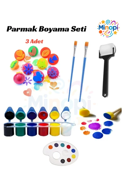 6x25 ml Parmak Boyası, 3 Adet Eva Baskı, Ponpon Fırça, Sünger Rulo, Palet, Fırça Çocuk Boyama Seti ürün görseli