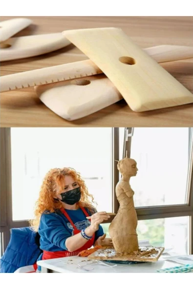 Yassı Ebeşuar 5 li Paket Seramik Çömlek Kil Heykel Kazıyıcı Şekillendirme Aleti Ahşap Kil Modelleme - Resim 3