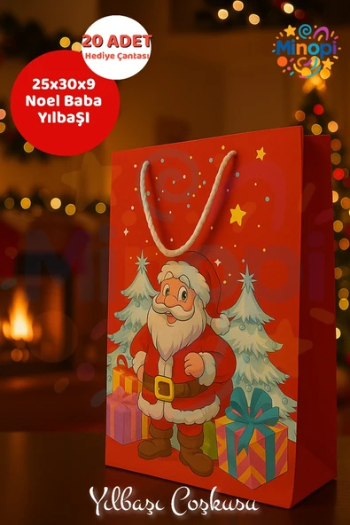 ( 20 Adet ) Noel Baba Desenli Hediye Çantası Kırmızı Yılbaşı Hediye Poşeti 25x30x9 Christmas ürün görseli
