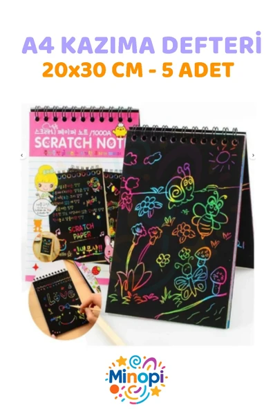 ( 5 Adet ) A4 Sihirli Gökkuşağı Defter 20x30 cm Siyah Kazıma Defteri Sprialli ürün görseli