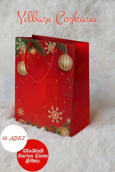 Noel Desenli Hediye Çantası Kırmızı I 10 Adet Yılbaşı Hediye Poşeti 25x30x9 Christmas ürün görseli