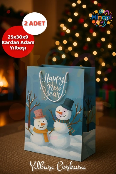 ( 2 Adet ) Kardan Adam Desenli Hediye Çantası Mavi Yılbaşı Hediye Poşeti 25x30x9 Christmas ürün görseli