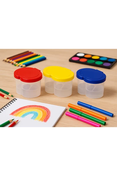 Sulu Boya Seti 3'lü Set ( Yeşil Su Kabı + Resim Paleti + Fırça ) Anaokulu Resim Malzemesi Kreş - Resim 4