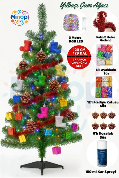 120 Cm Yılbaşı Çam Ağacı Seti | RGB Peri Led Işıklı Ve Yılbaşı Süsleri Paketi | Kar Spreyi | Noel ürün görseli