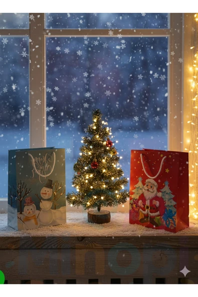 Noel Baba ve Kardan Adam Desenli Hediye Çantası Seti – 10'lu Kırmızı & Mavi Yılbaşı Hediye Poşeti - Resim 3