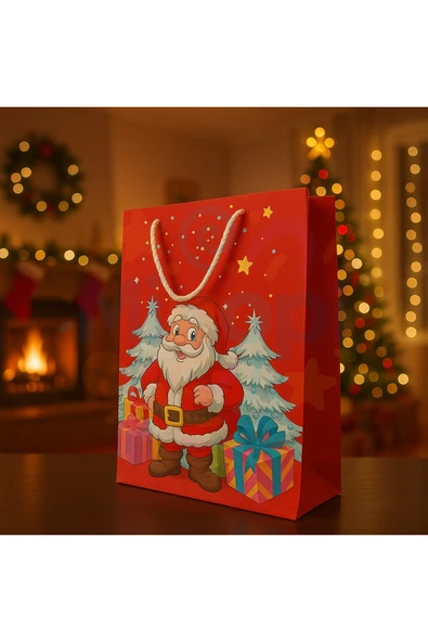 Noel Baba ve Kardan Adam Desenli Hediye Çantası Seti – 10'lu Kırmızı & Mavi Yılbaşı Hediye Poşeti - Resim 5