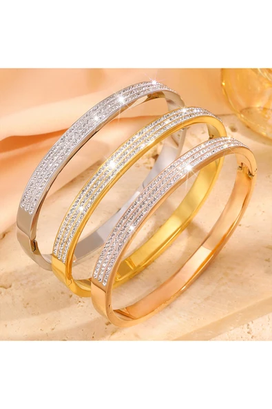 Zirkon Taşlı Altın Renk Paslanmaz Çelik Bileklik  Kadın Şık Takı Suya Dayanıklı - Resim 5