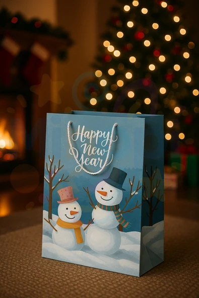 ( 20 Adet ) Kardan Adam Desenli Hediye Çantası Mavi Yılbaşı Hediye Poşeti 25x30x9 Christmas - Resim 4