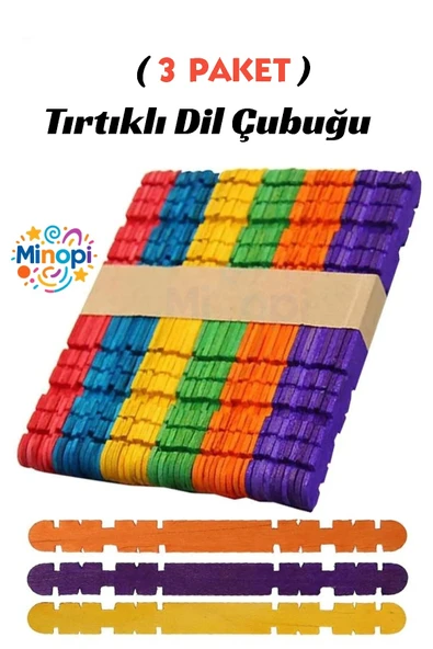 3 Paket Renkli Geçmeli Dil Çubuğu Paketi 50'li Tırtıklı Geçirmeli Eklemeli Dondurma Çubuğu ürün görseli