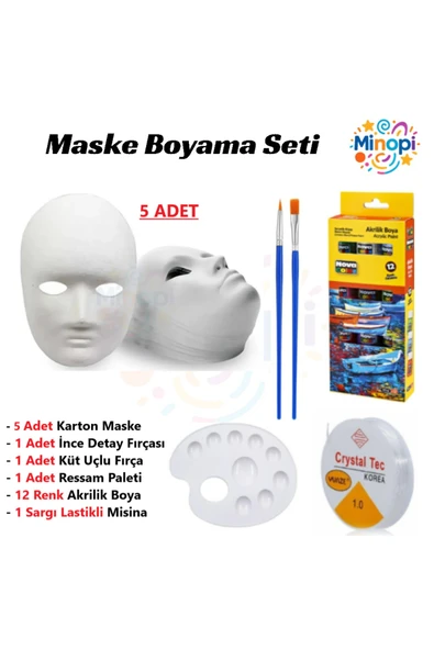 5 Adet Karton Maske , 12 Renk Akrilik Boya , Resim Fırçası , Resim Paleti , Lastikli Misina ürün görseli
