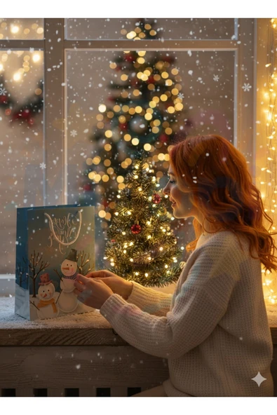 ( 1 Adet ) Kardan Adam Desenli Hediye Çantası Mavi Yılbaşı Hediye Poşeti 25x30x9 Christmas - Resim 2