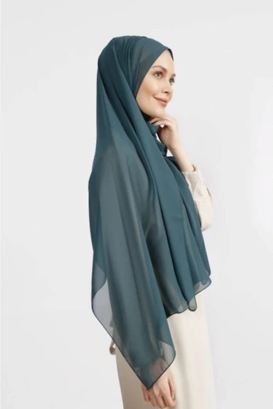 İSTANBULSTYLEMODA Krep Şifon Şal Açık Petrol 210x 75 Flr241433 - Resim 3