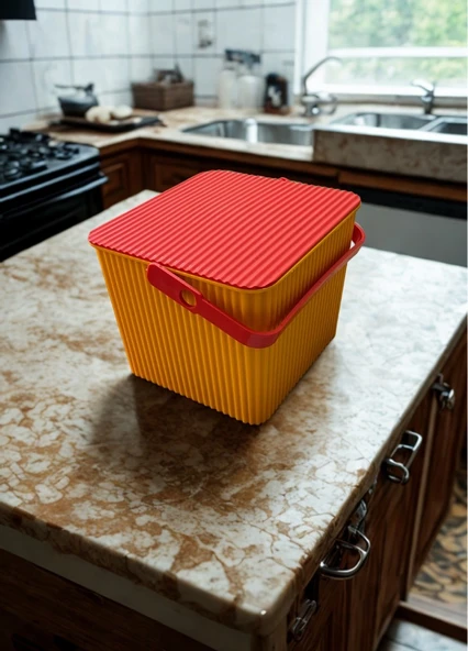 Sarı - Kırmızı, Kare Tırtıklı Plastik Temizlik Kovası – Saplı, Taşınabilir, Oyuncak Kovası, Saksı 11 Litre - Resim 2