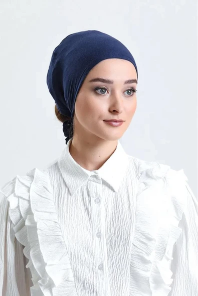 LA SEFA Kadın Pratik Dikişsiz Bağcıklı Tesettür Penye Bone-Lacivert - Resim 2