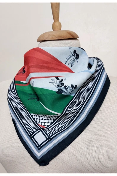 İSTANBULSTYLEMODA ZEYTİN DALI VE FİLİSTİN TEMALI FULAR Şal 50x50 Kaymaz Krep Canlı Renkler - Resim 2