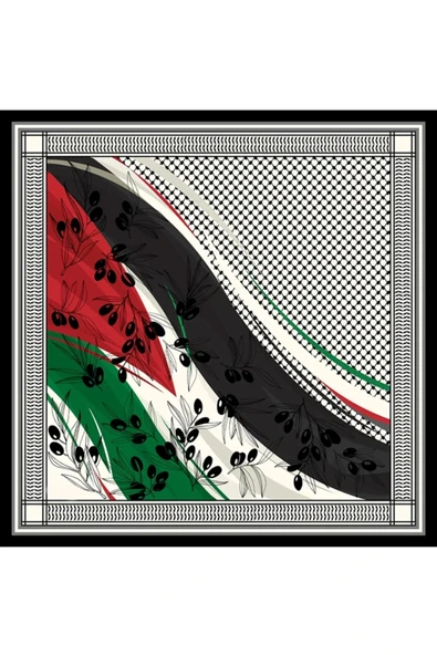 İSTANBULSTYLEMODA ZEYTİN DALI VE FİLİSTİN TEMALI FULAR Şal 50x50 Kaymaz Krep Canlı Renkler - Resim 5