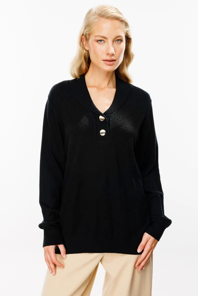 45343 ONTEKS YAKASI DÜĞMELİ KAPUŞONLU KAZAK - Resim 2