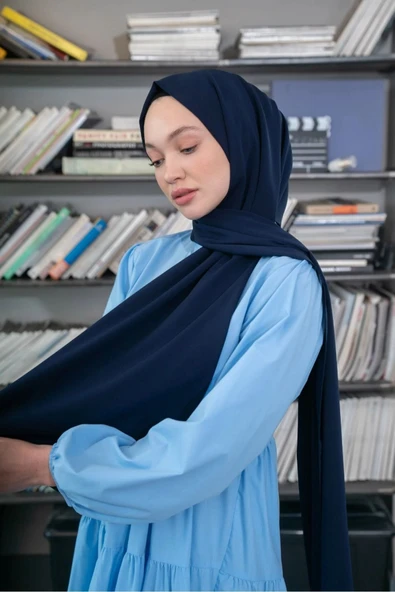 İSTANBULSTYLEMODA Kaliteli Medine Ipeği Şal Lacivert 190 X70 Sal2306 - Resim 5