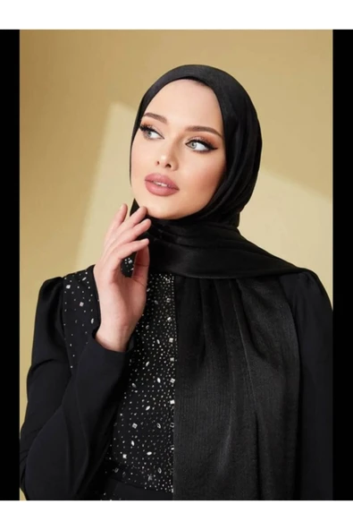 İSTANBULSTYLEMODA Janjan Trend Parlak Saten Dokulu Abiye Şifon Siyah Işıl Şal 185 X 70 ürün görseli