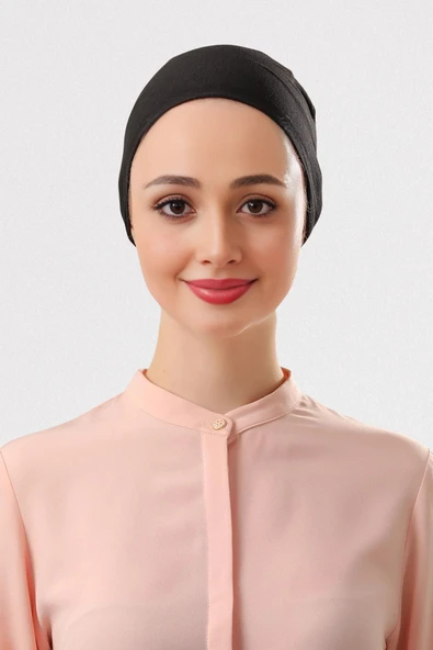 FLORA TEKSTİL Pratik Dikişsiz Bağcıklı Kaymayan Tesettür Penye Bone Siyah BON23502 - TR - Resim 2