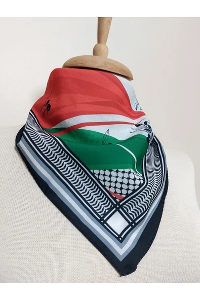 İSTANBULSTYLEMODA ZEYTİN DALI VE FİLİSTİN TEMALI FULAR Şal 50x50 Kaymaz Krep Canlı Renkler ürün görseli