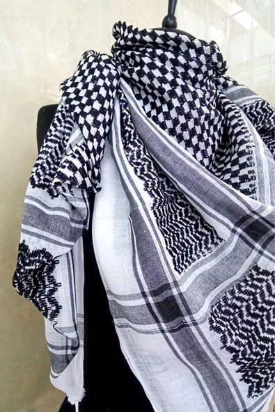 İSTANBULSTYLEMODA Pamuklu Keten Puşi, Poşu, Kefiye Şal - BEYAZ 120x120 - Resim 3