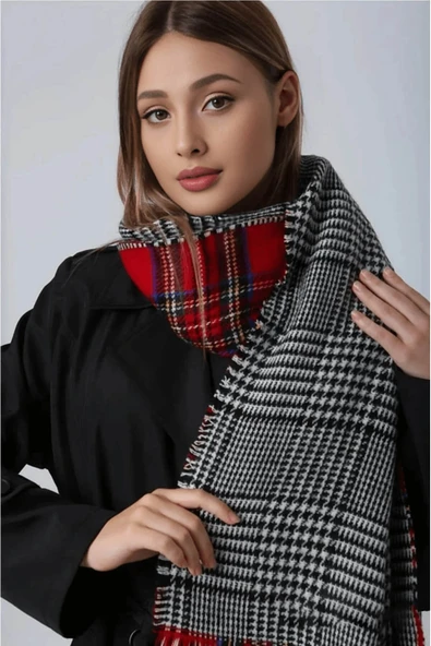 FLORA TEKSTİL Kırmızı Çift Taraflı Ekose Desenli Atkı - Şal 70x185 Cm AŞK2373 ürün görseli