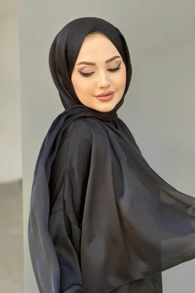 İSTANBULSTYLEMODA Janjan Trend Parlak Saten Dokulu Abiye Şifon Siyah Işıl Şal 185 X 70 - ürün görseli