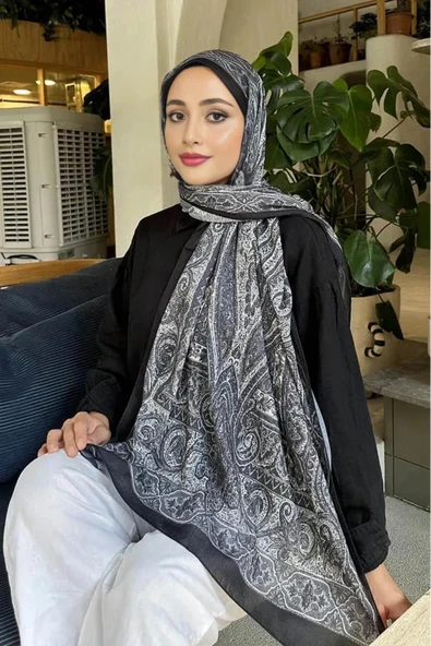 FLORA TEKSTİL Retro Desen Pamuk Şal Siyah Vizon - Resim 3