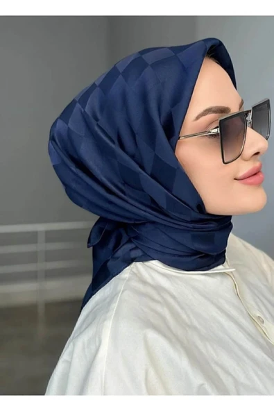 FLORA TEKSTİL Dama Desen Jakarli Eşarp ŞAL LACIVERT JKR24147 ürün görseli