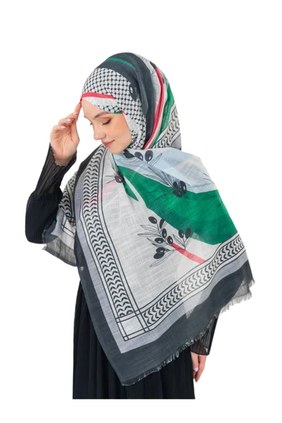 İSTANBULSTYLEMODA Filistin Şal Kefiye Zaytin Ve Filistin Bayrak Baskılı Kareli Kadın Şal Afl2364 - Resim 2