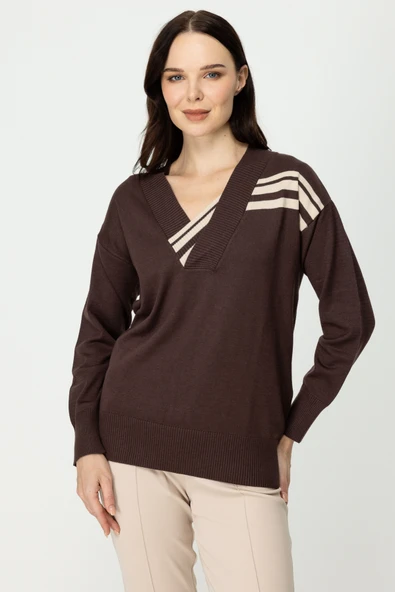 45327 ONTEKS YAKASINDA VE OMUZUNDA ŞERİT DETAYLI KAZAK - Resim 6