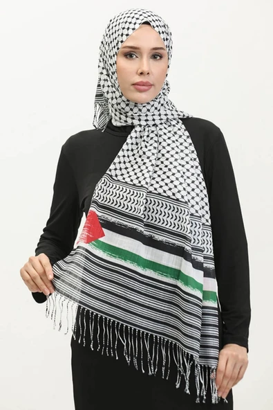 İSTANBULSTYLEMODA Filistin Puşi Desen Uzun Saçaklı Paşmina Şal - Çok Renkli FLR24315 - Resim 5