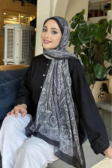 FLORA TEKSTİL Retro Desen Pamuk Şal Siyah Vizon ürün görseli