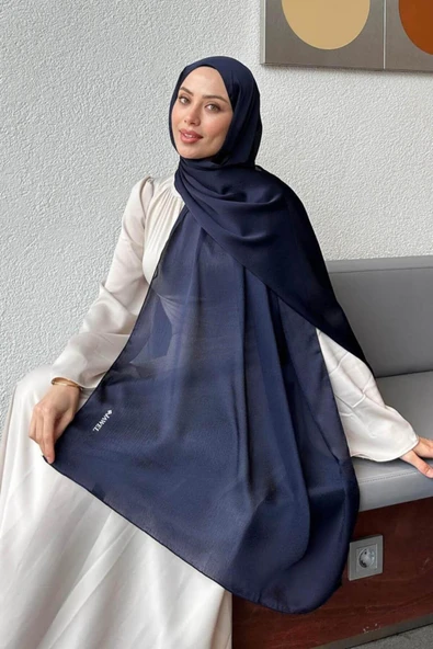 İSTANBULSTYLEMODA Abiye Janjan Parlak Saten Dokulu Tesettür Abiye Şifon Lacivert Şal - Resim 2