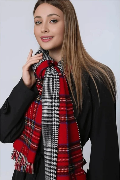 FLORA TEKSTİL Kırmızı Çift Taraflı Ekose Desenli Atkı - Şal 70x185 Cm AŞK2373 - Resim 2