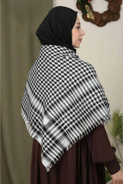 İSTANBULSTYLEMODA Pamuklu Puşi , Poşu, Kefiye Beyaz Şal 100x100 Afl2364 - Resim 3