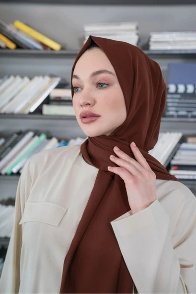 İSTANBULSTYLEMODA Kaliteli Medine Ipeği Şal Çikolata Kahve 190 X70 Sal2306 - Resim 6