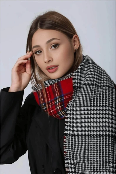 FLORA TEKSTİL Kırmızı Çift Taraflı Ekose Desenli Atkı - Şal 70x185 Cm AŞK2373 - Resim 3