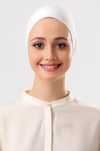 FLORA TEKSTİL Pratik Dikişsiz Bağcıklı Kaymayan Tesettür Penye Bone Beyaz BON241410 - Resim 2