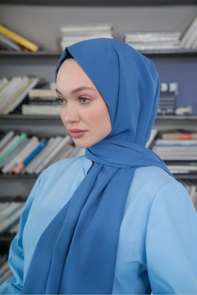 İSTANBULSTYLEMODA Kaliteli Medine Ipeği Şal Indigo Mavi 190 X70 Sal2306 - Resim 4