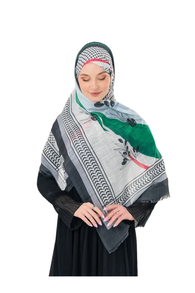 İSTANBULSTYLEMODA Filistin Şal Kefiye Zaytin Ve Filistin Bayrak Baskılı Kareli Kadın Şal Afl2364 - Resim 4