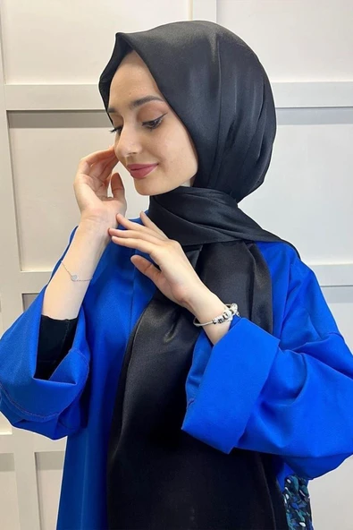İSTANBULSTYLEMODA Janjan Trend Parlak Saten Dokulu Abiye Şifon Siyah Işıl Şal 185 X 70 - - Resim 2