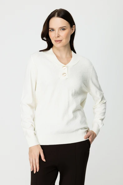 45343 ONTEKS YAKASI DÜĞMELİ KAPUŞONLU KAZAK - Resim 9