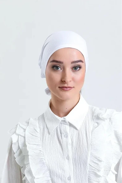 LA SEFA Kadın Pratik Dikişsiz Bağcıklı Tesettür Penye Bone-Beyaz ürün görseli