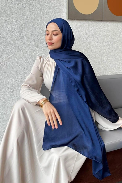 İSTANBULSTYLEMODA Abiye Janjan Parlak Saten Dokulu Tesettür Abiye Gece Mavisi JANJAN ŞİFON Şal - Resim 3