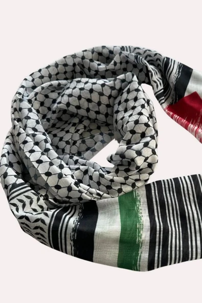 İSTANBULSTYLEMODA Filistin Puşi Desen Uzun Saçaklı Paşmina Şal - Çok Renkli FLR24315 - Resim 4