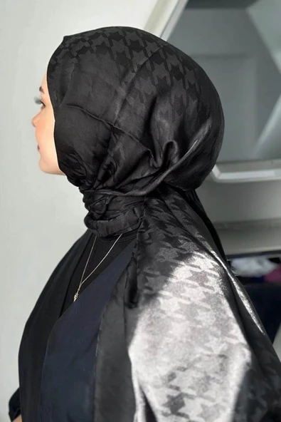 FLORA TEKSTİL Kazayağı Desen Ipeksi Siyah Jakar Şal - Abiye Şal 180x 70 Jkr24147 - Resim 3